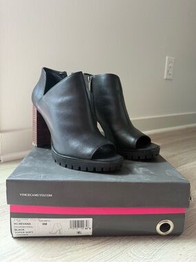 Vince Camuto Black Peep-Toe Lug Sole Booties with Stacked Heel